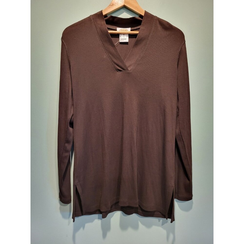 New Deadstock Vtg Talbots Brown V Neck Rib Knit Long Sleeve Lightweight Top XL